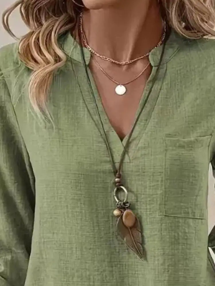 Roll-Up Sleeve Notched Blouse
