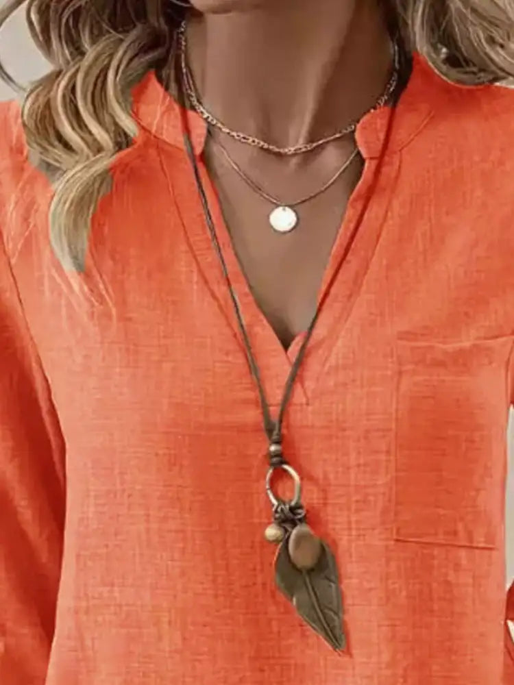 Roll-Up Sleeve Notched Blouse