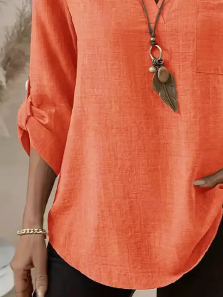 Roll-Up Sleeve Notched Blouse