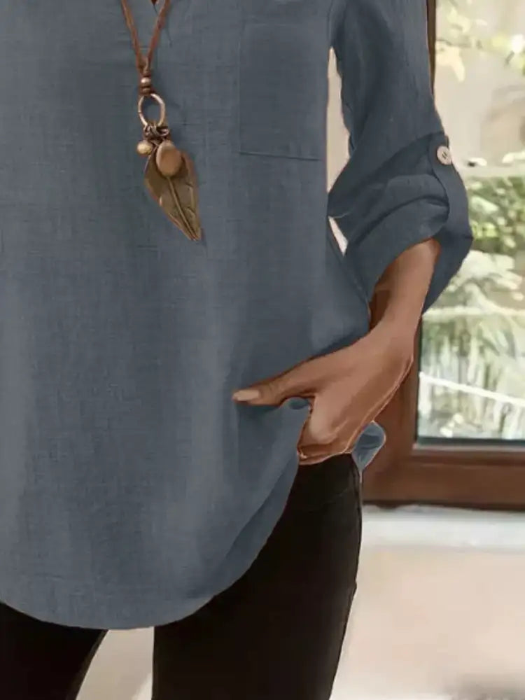 Roll-Up Sleeve Notched Blouse