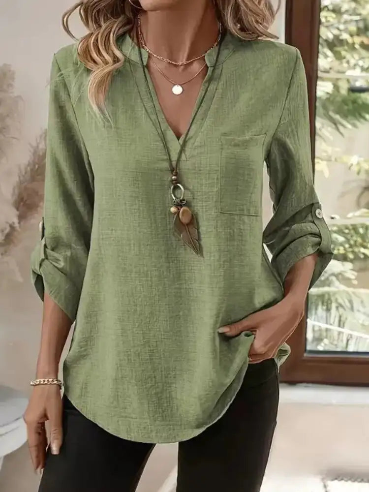 Roll-Up Sleeve Notched Blouse