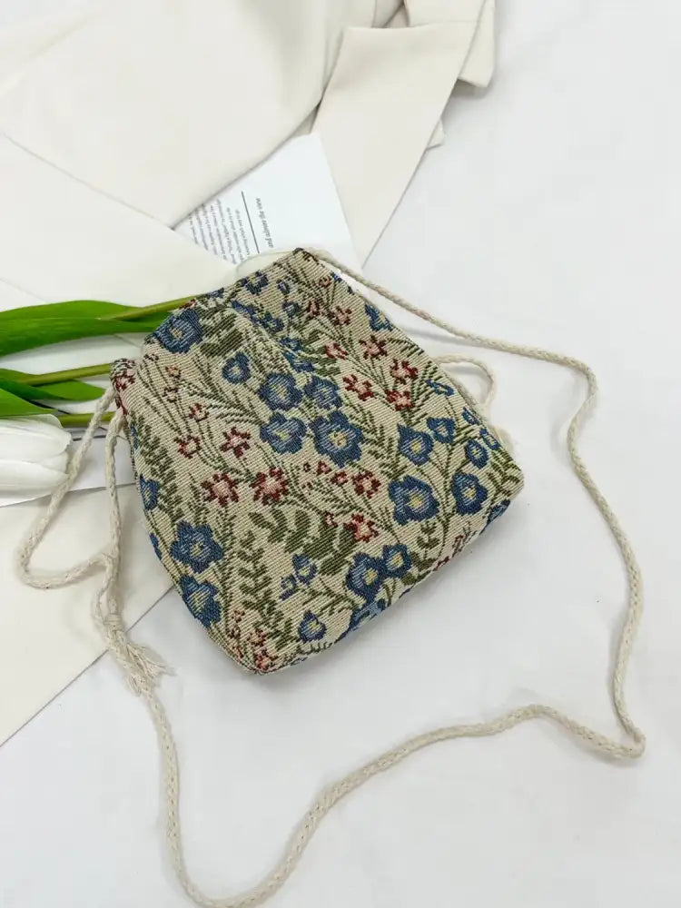 Rope Drawstring Floral Bucket Bag