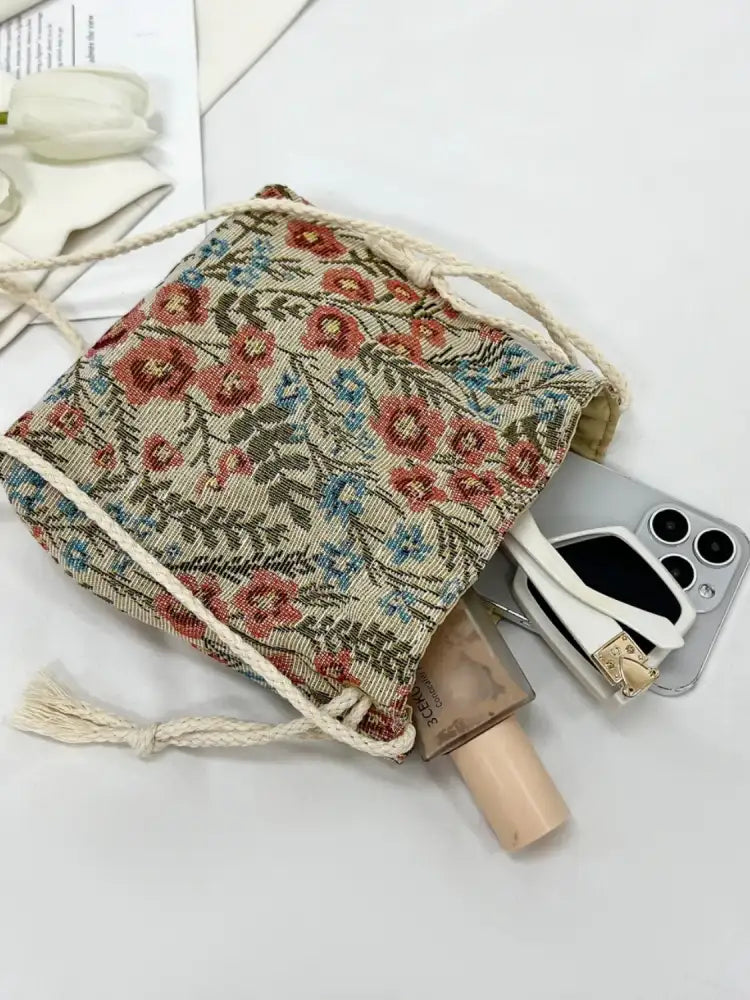 Rope Drawstring Floral Bucket Bag