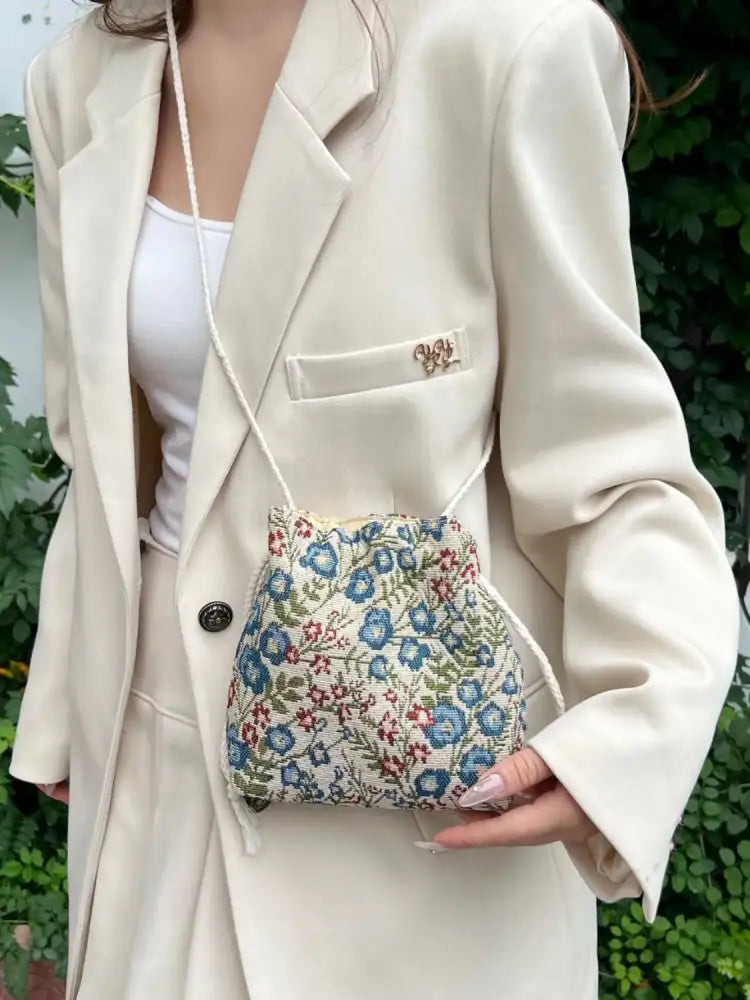 Rope Drawstring Floral Bucket Bag