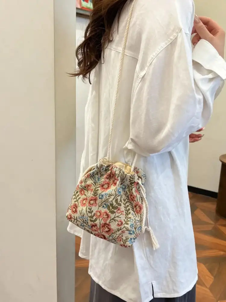 Rope Drawstring Floral Bucket Bag