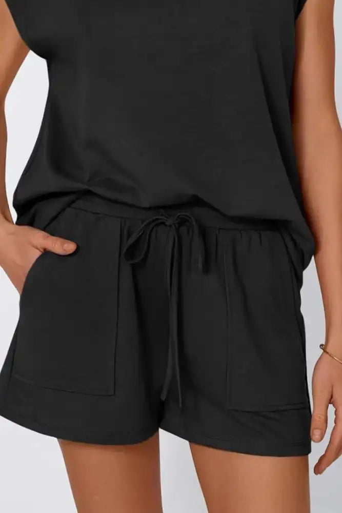 Round Neck Cap Sleeve Top and Shorts Set