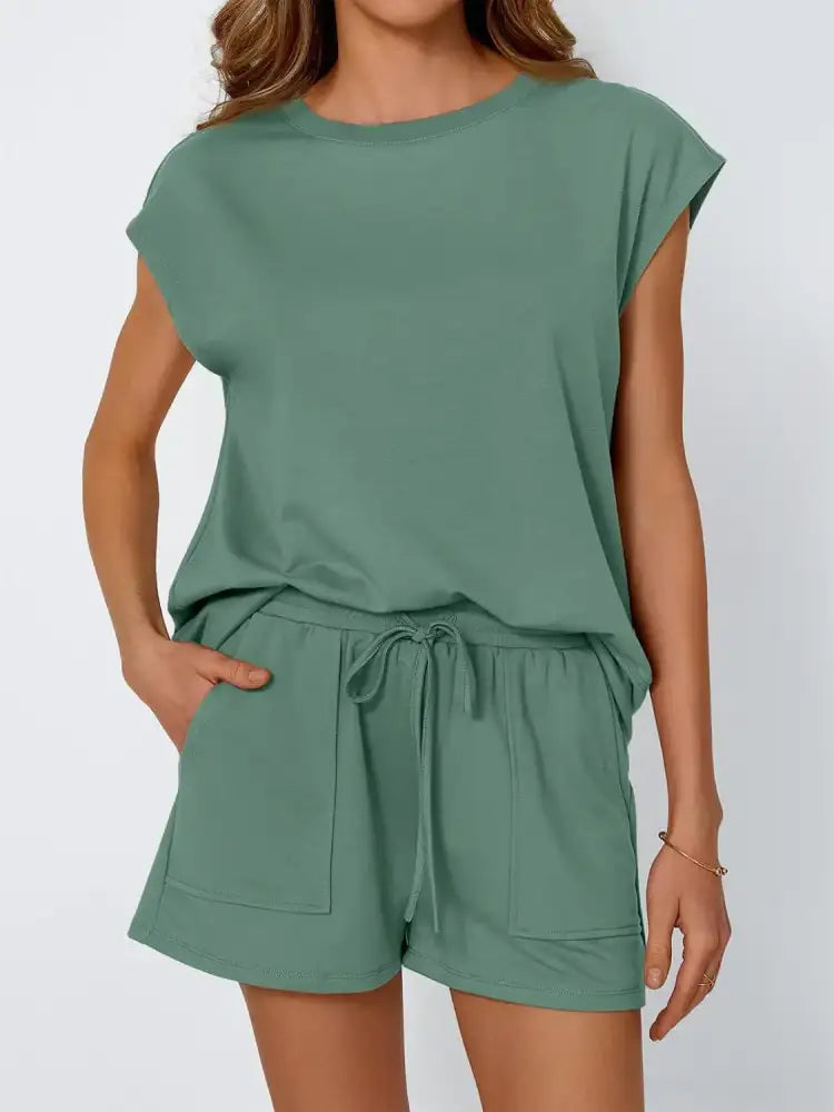 Round Neck Cap Sleeve Top and Shorts Set