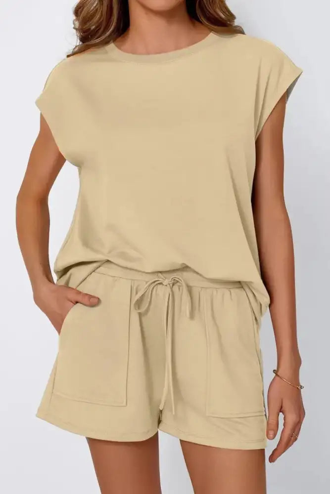 Round Neck Cap Sleeve Top and Shorts Set