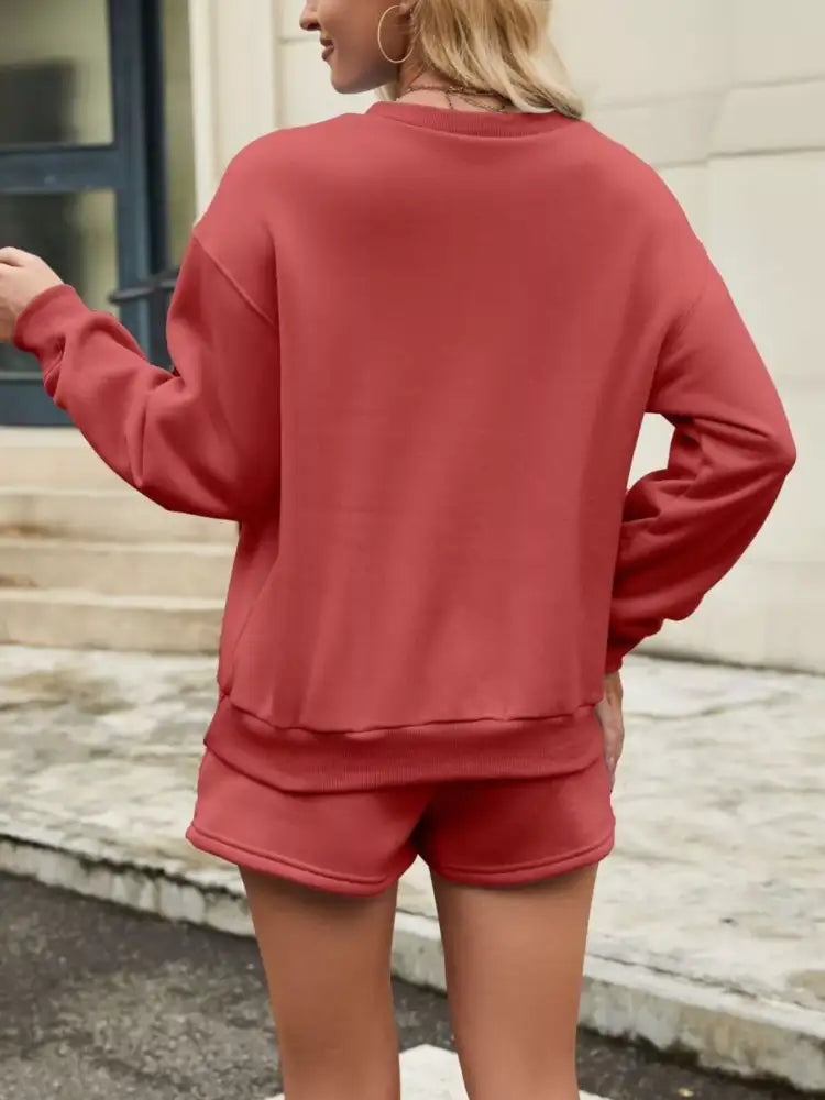 Round Neck Dropped Shoulder Top and Drawstring Shorts Set