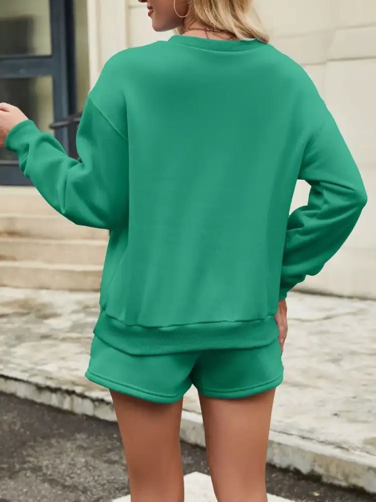 Round Neck Dropped Shoulder Top and Drawstring Shorts Set