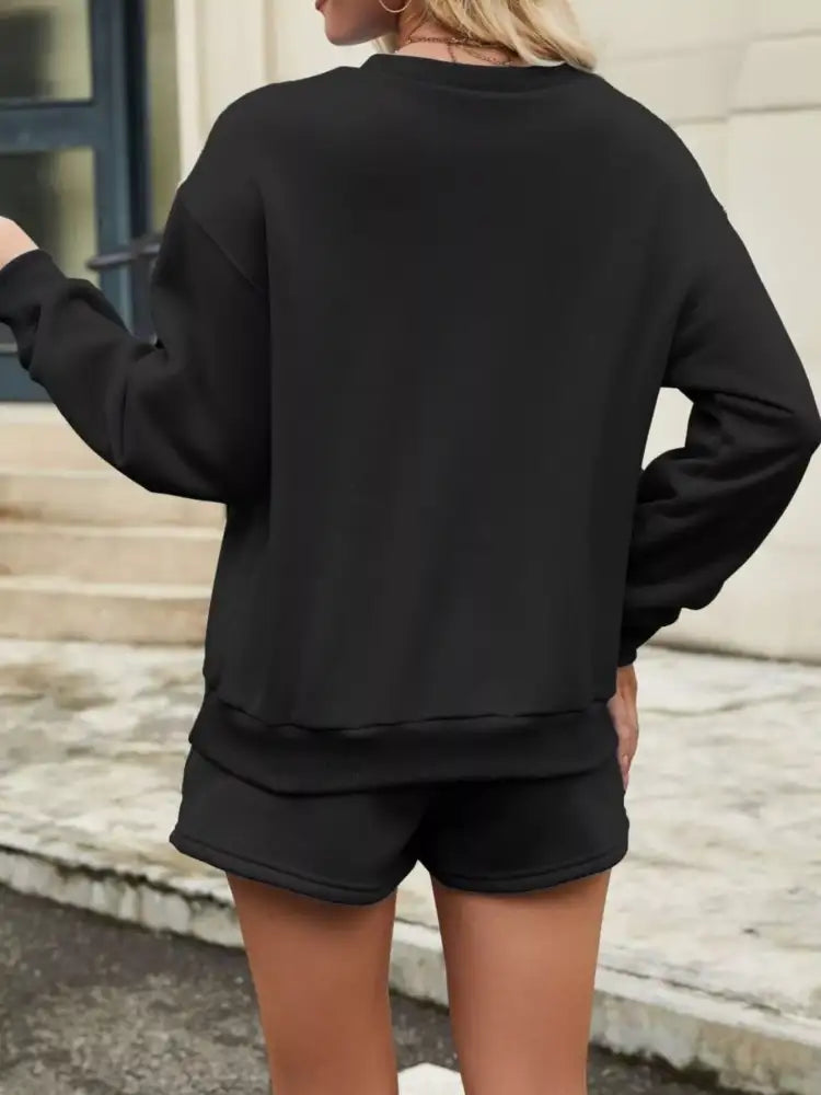 Round Neck Dropped Shoulder Top and Drawstring Shorts Set