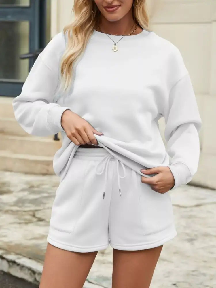 Round Neck Dropped Shoulder Top and Drawstring Shorts Set