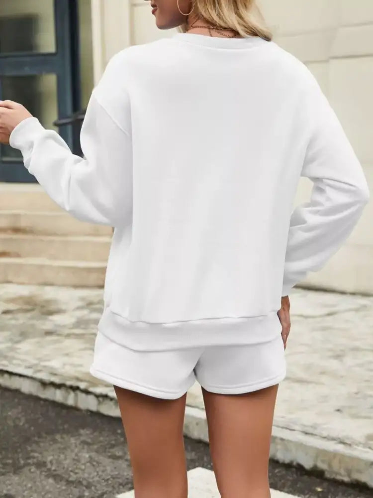 Round Neck Dropped Shoulder Top and Drawstring Shorts Set