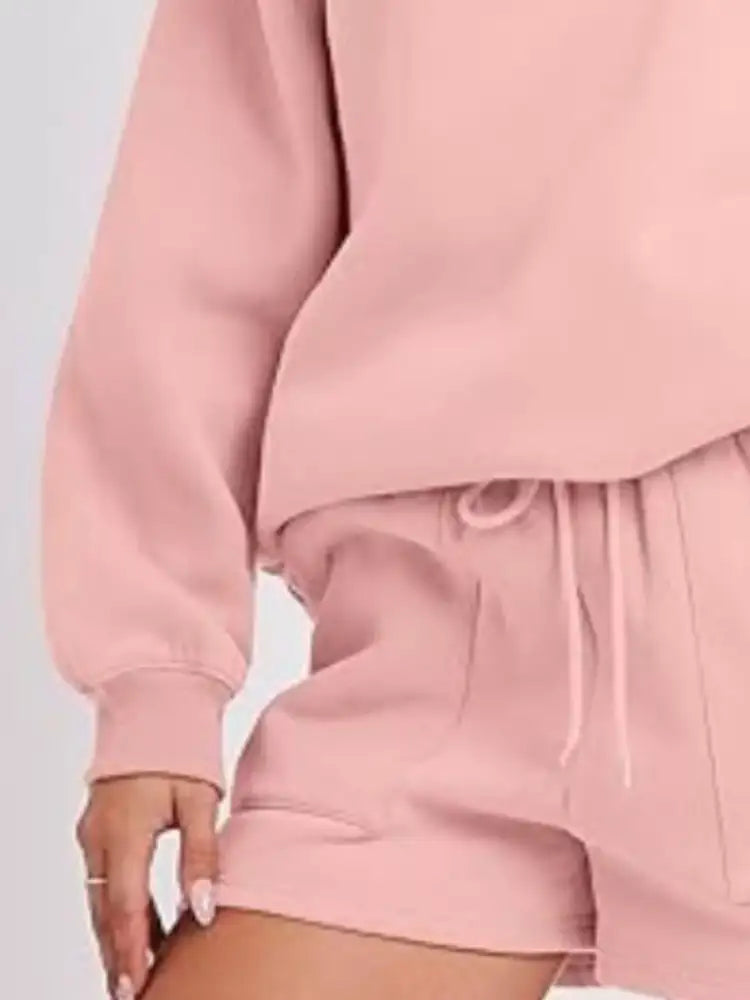 Round Neck Dropped Shoulder Top and Drawstring Shorts Set