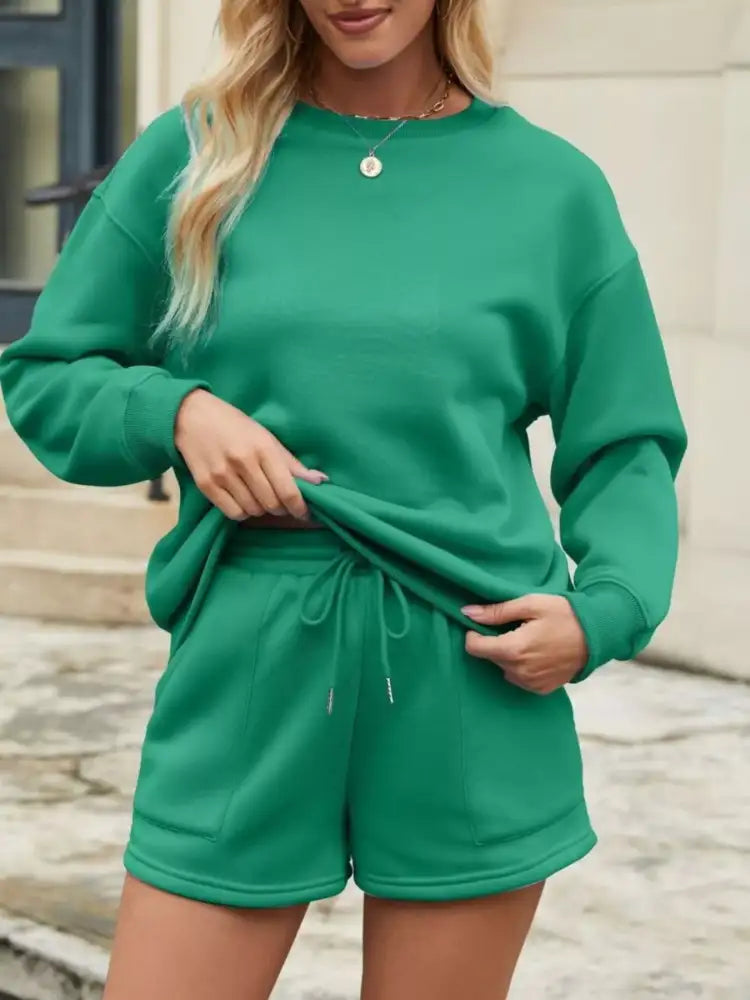 Round Neck Dropped Shoulder Top and Drawstring Shorts Set