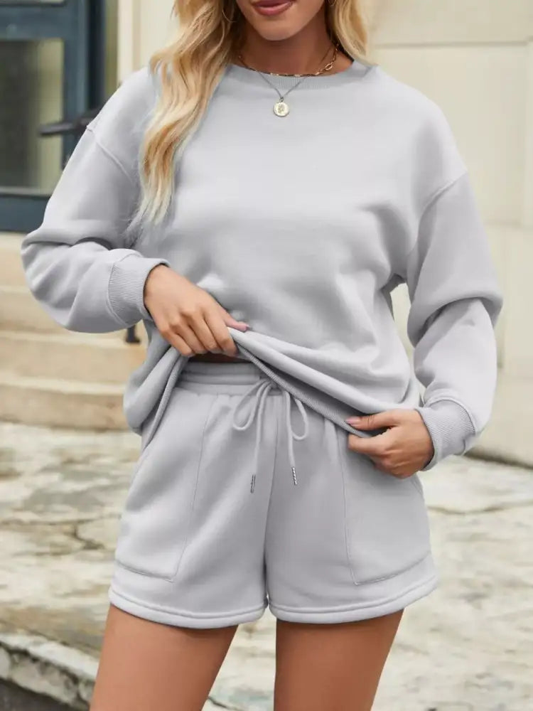 Round Neck Dropped Shoulder Top and Drawstring Shorts Set