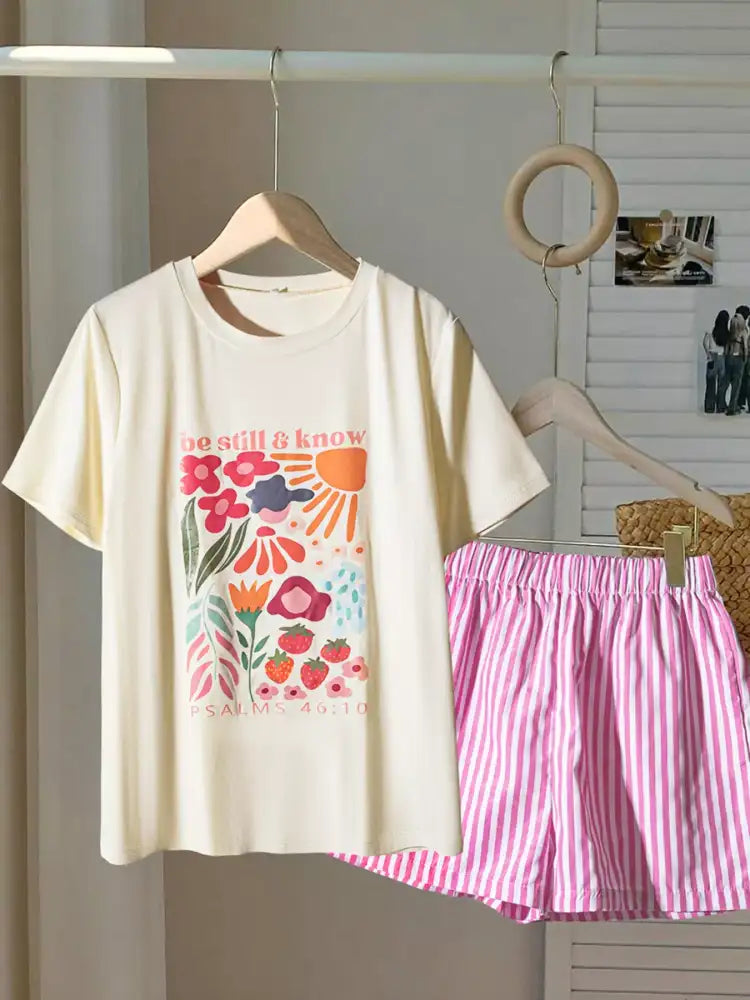 Round Neck Graphic T-Shirt and Striped Shorts Set
