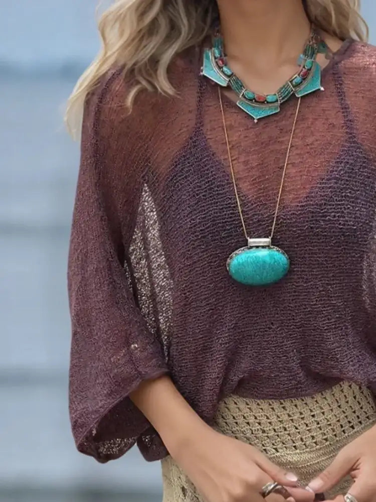 Round Neck Long Sleeve Cover-Up