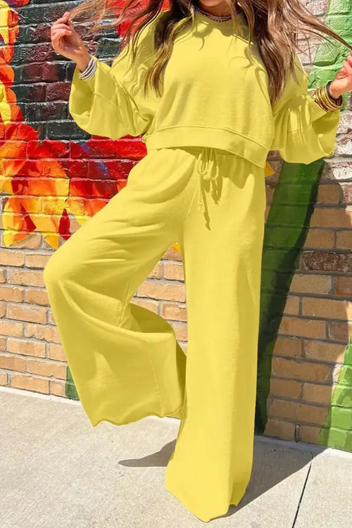 Round Neck Long Sleeve Yellow Sweatshirt and Pants Set