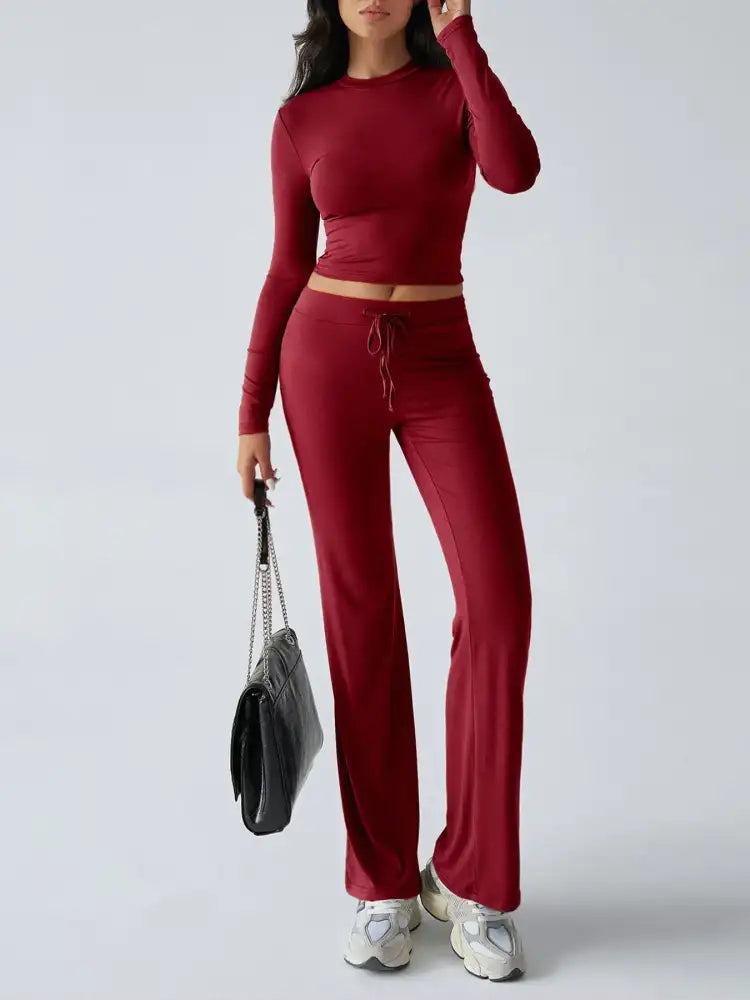 Round Neck Long Sleeve Top and Pants Set