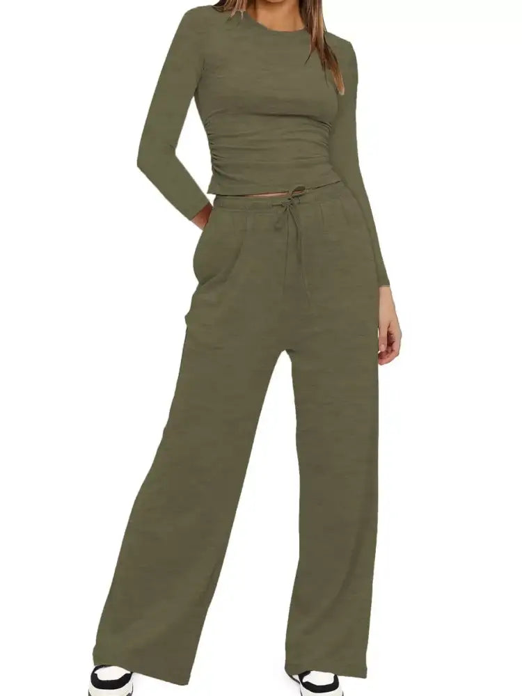 Round Neck Long Sleeve Top and Pants Set