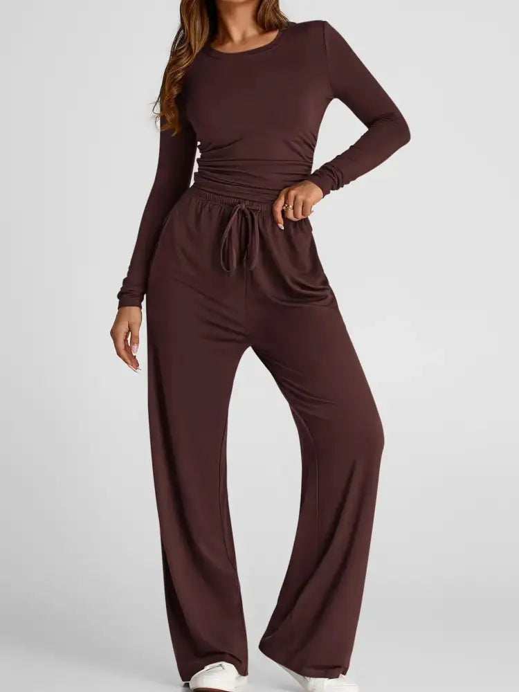 Round Neck Long Sleeve Top and Pants Set