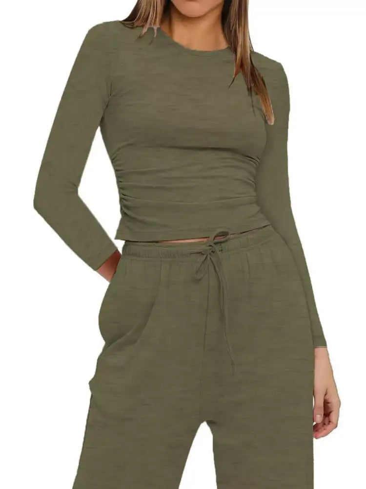 Round Neck Long Sleeve Top and Pants Set