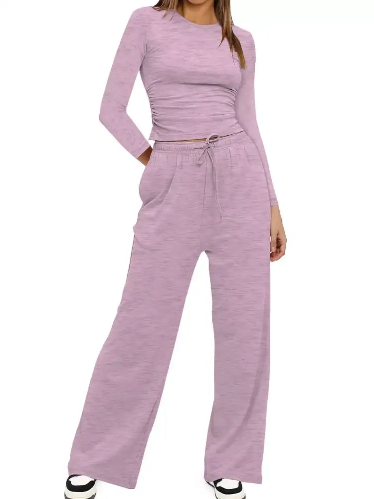 Round Neck Long Sleeve Top and Pants Set
