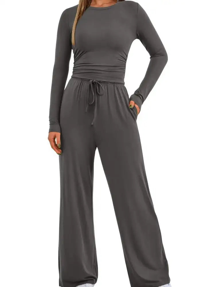 Round Neck Long Sleeve Top and Pants Set