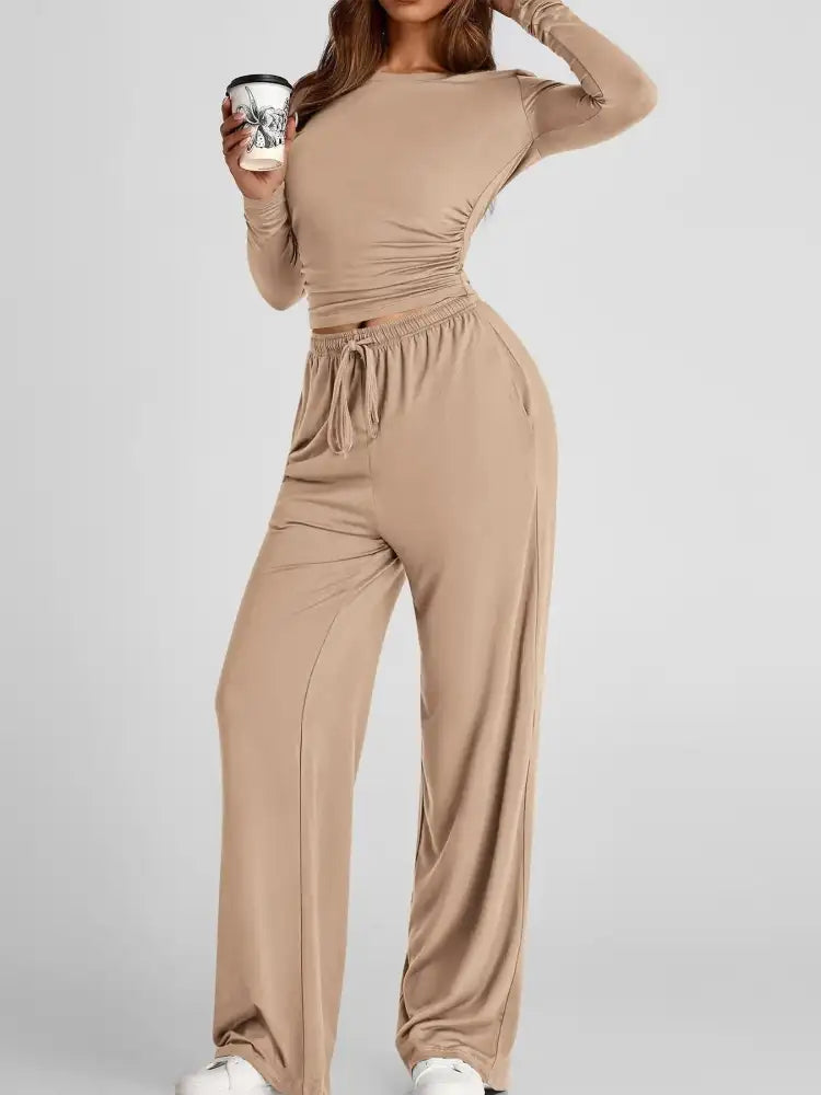 Round Neck Long Sleeve Top and Pants Set