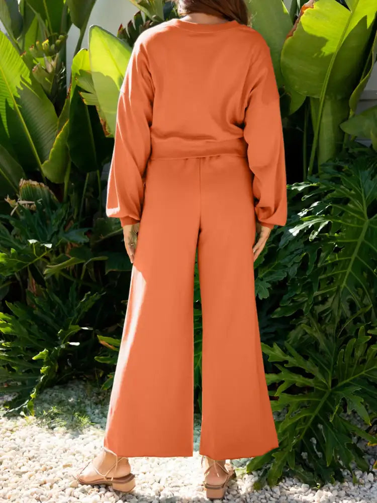 Round Neck Long Sleeve Top and Pants Set