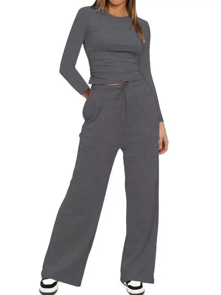 Round Neck Long Sleeve Top and Pants Set
