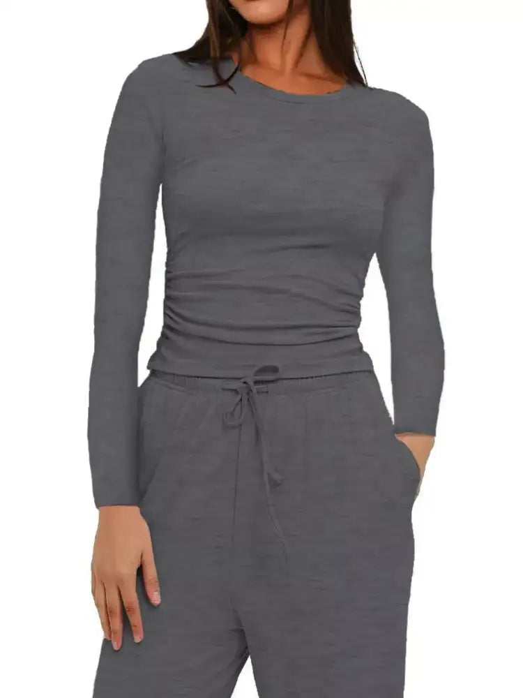 Round Neck Long Sleeve Top and Pants Set