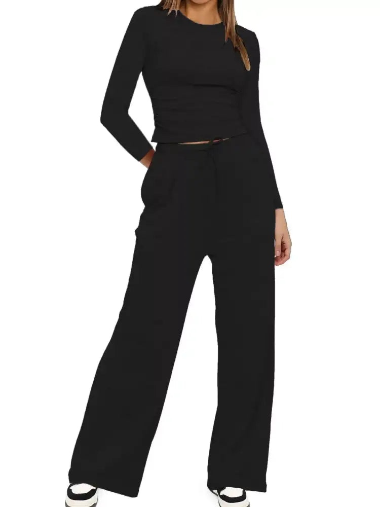 Round Neck Long Sleeve Top and Pants Set