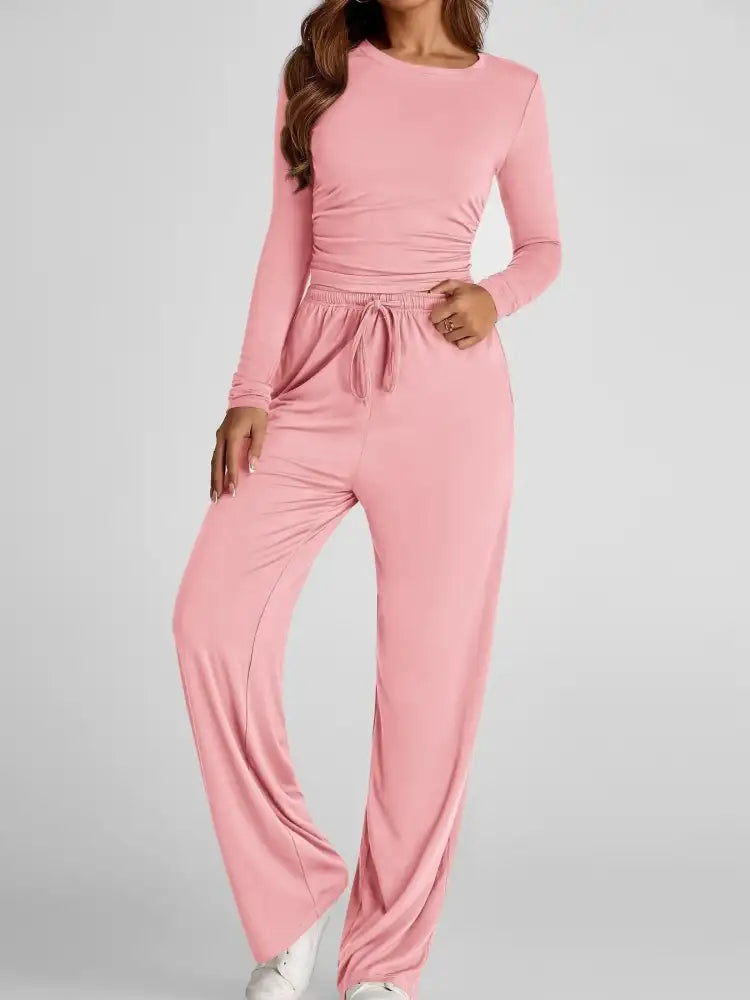 Round Neck Long Sleeve Top and Pants Set