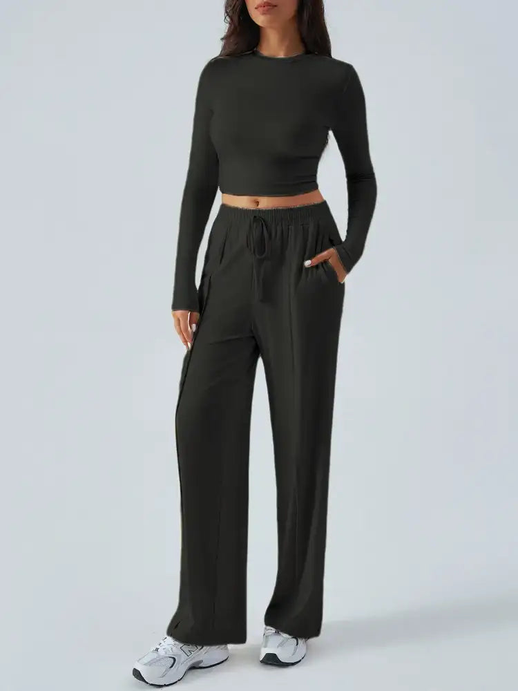 Round Neck Long Sleeve Top and Pants Set