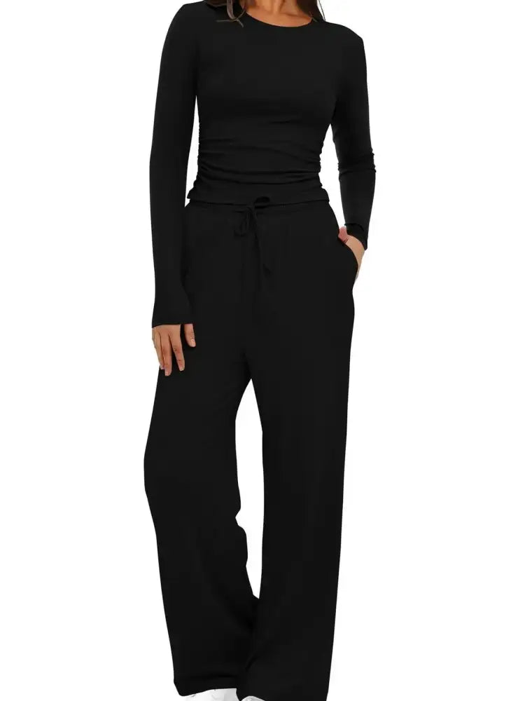 Round Neck Long Sleeve Top and Pants Set