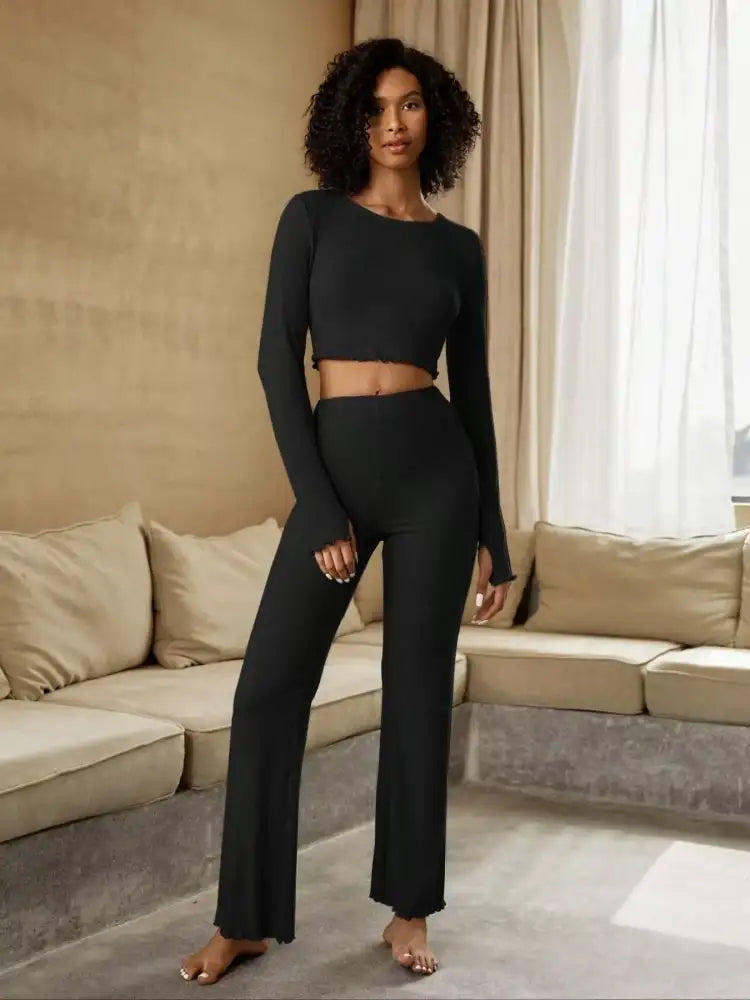 Round Neck Long Sleeve Top and Pants Set