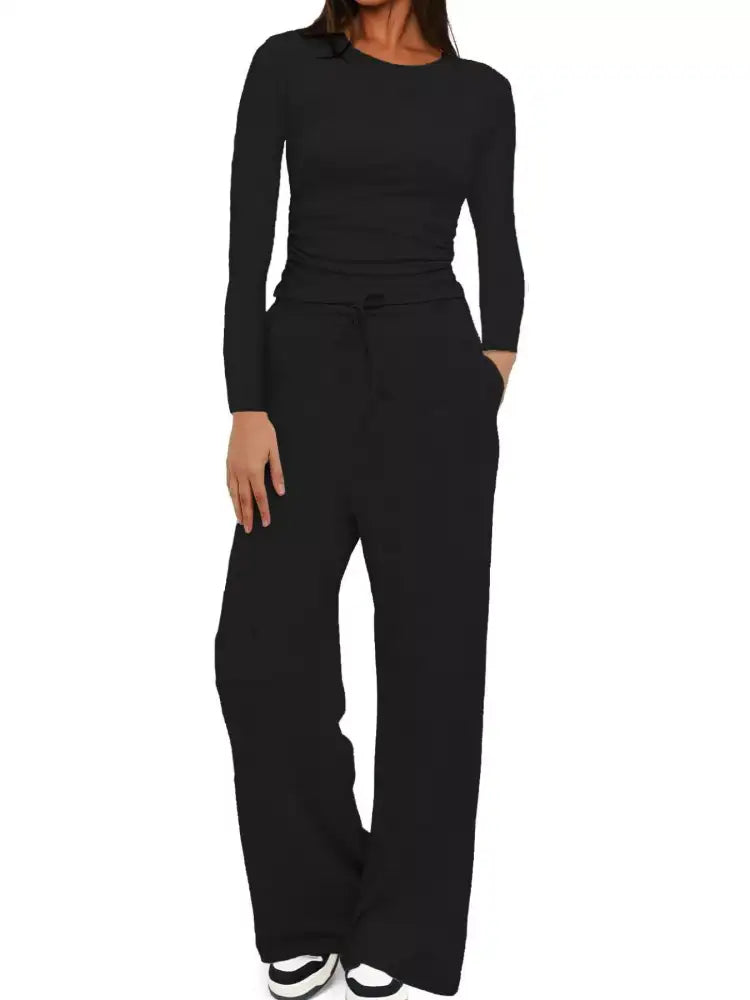 Round Neck Long Sleeve Top and Pants Set
