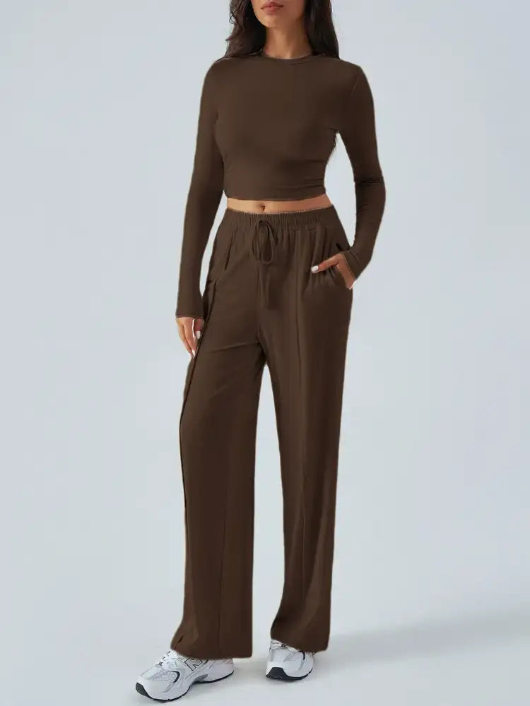 Round Neck Long Sleeve Top and Pants Set