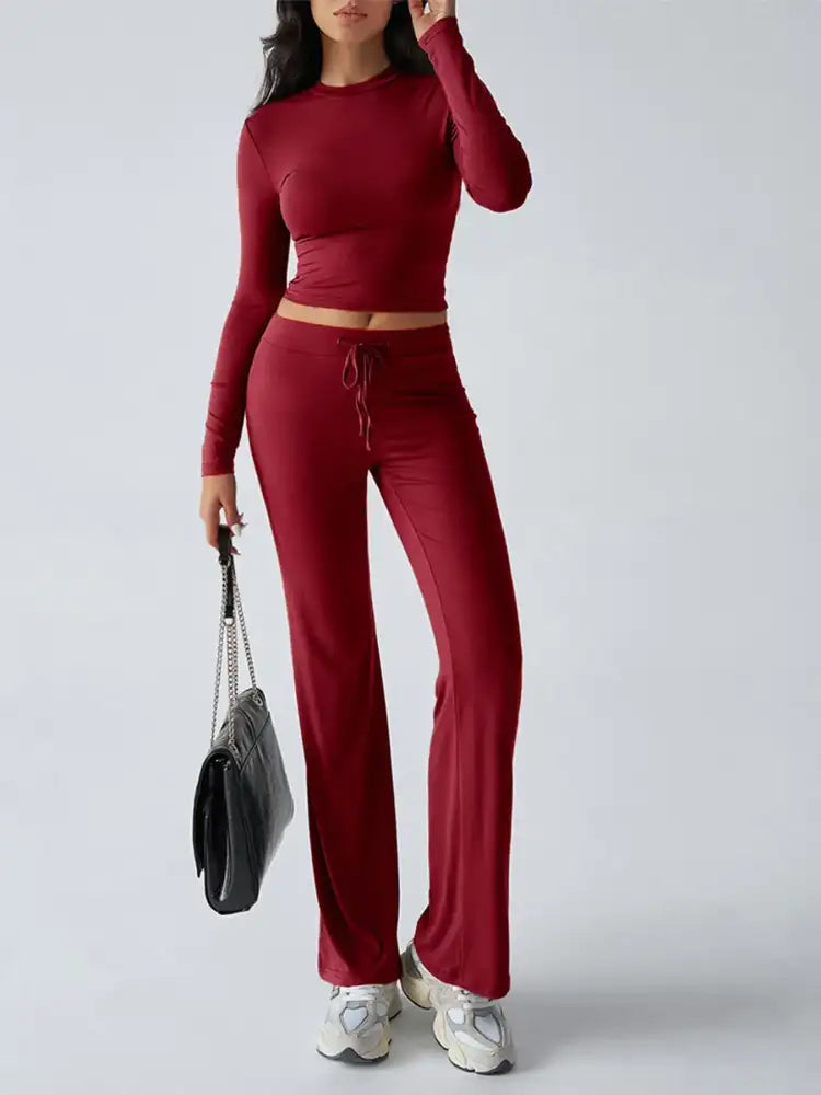 Round Neck Long Sleeve Top and Pants Set