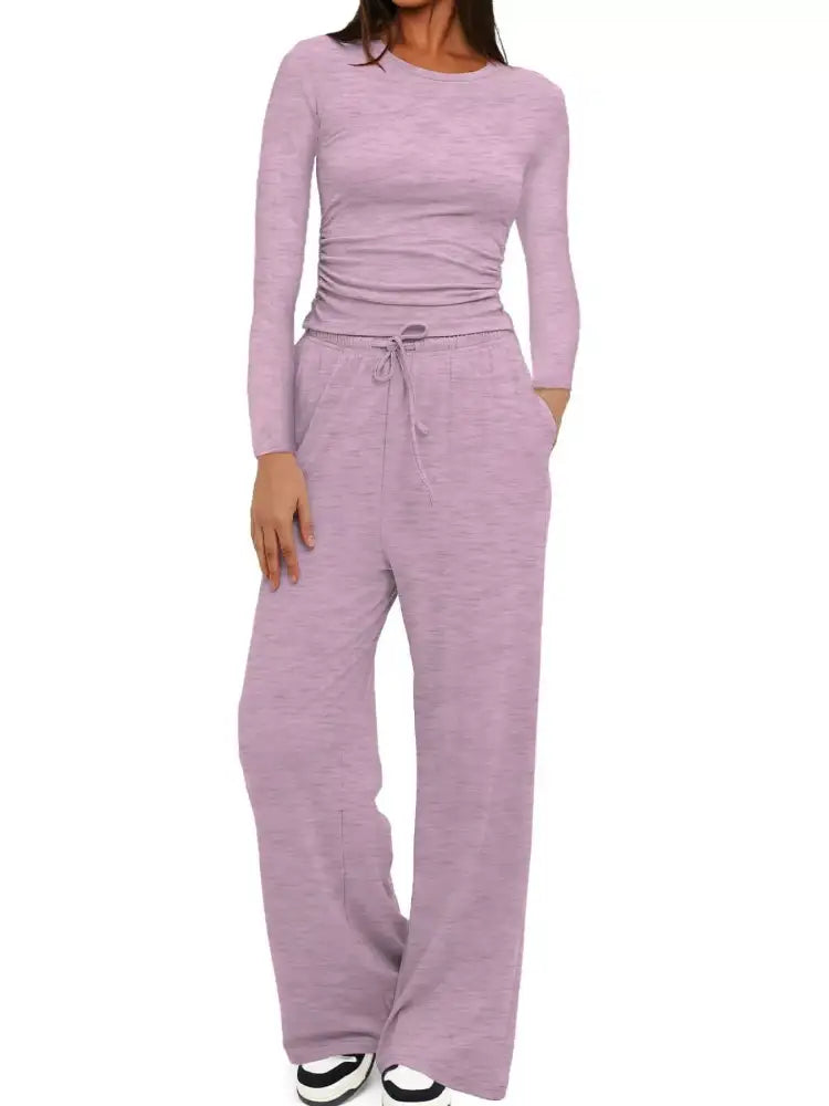 Round Neck Long Sleeve Top and Pants Set