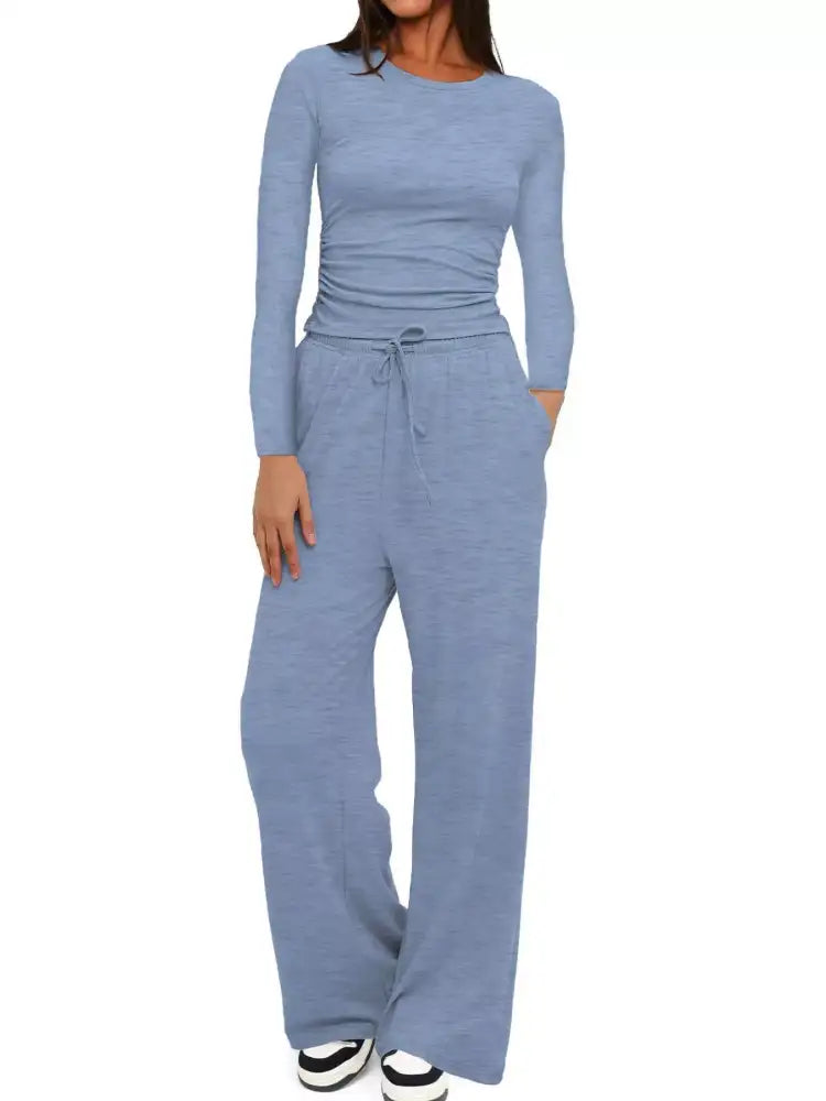Round Neck Long Sleeve Top and Pants Set