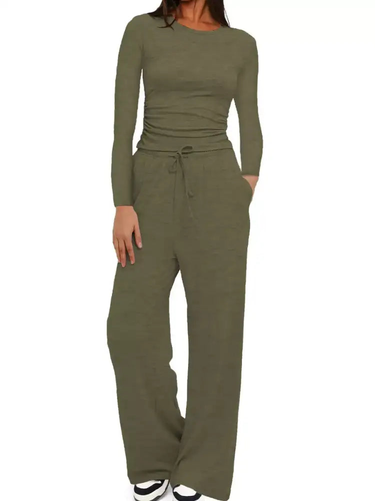 Round Neck Long Sleeve Top and Pants Set