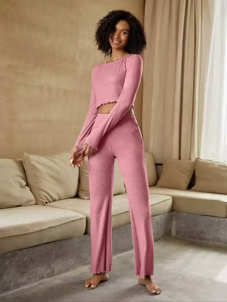 Round Neck Long Sleeve Top and Pants Set