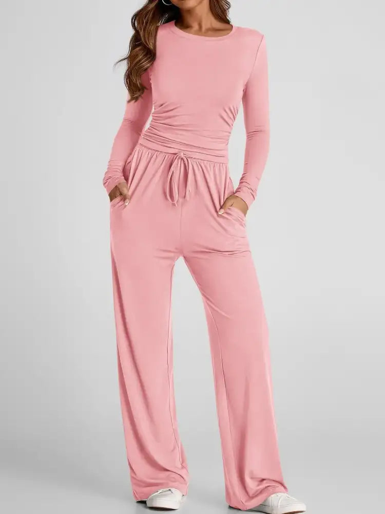 Round Neck Long Sleeve Top and Pants Set