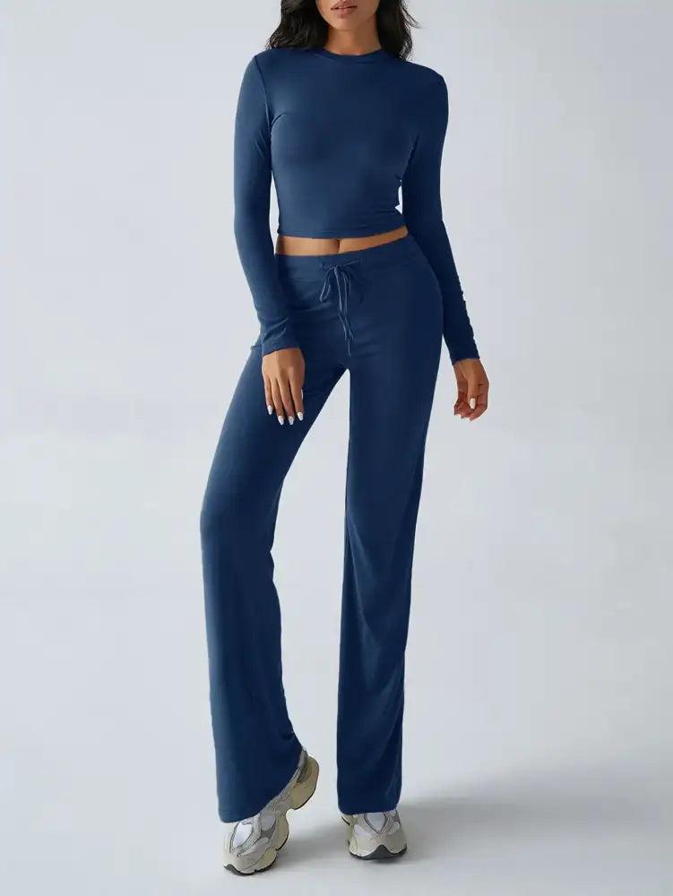 Round Neck Long Sleeve Top and Pants Set