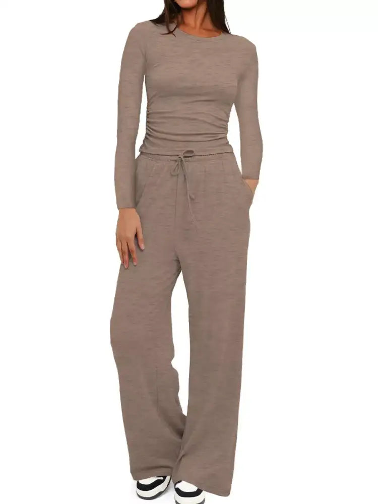 Round Neck Long Sleeve Top and Pants Set