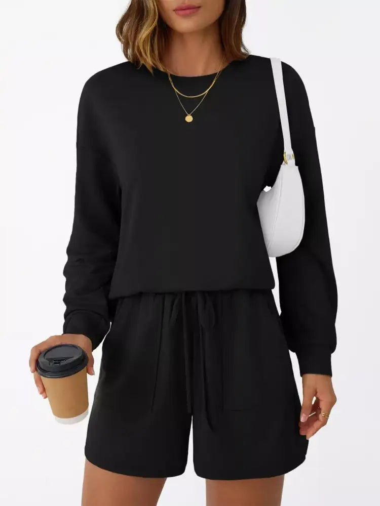 Round Neck Long Sleeve Top and Shorts Set