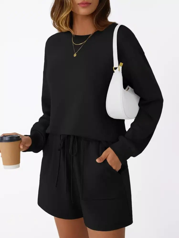Round Neck Long Sleeve Top and Shorts Set